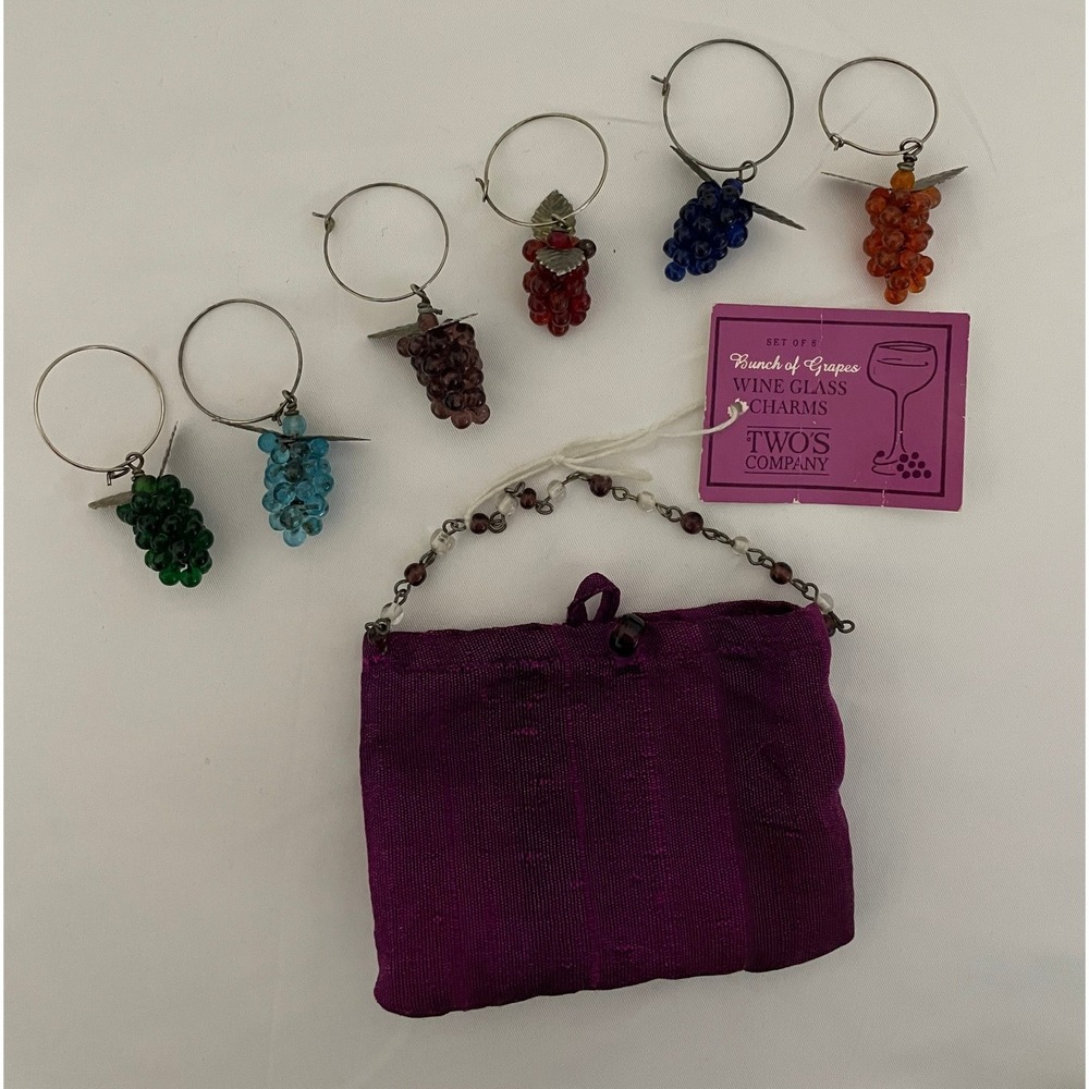 Twos Company Bunch of Grapes Wine Glass Charms Set of 6 Glass Beads Purple #681